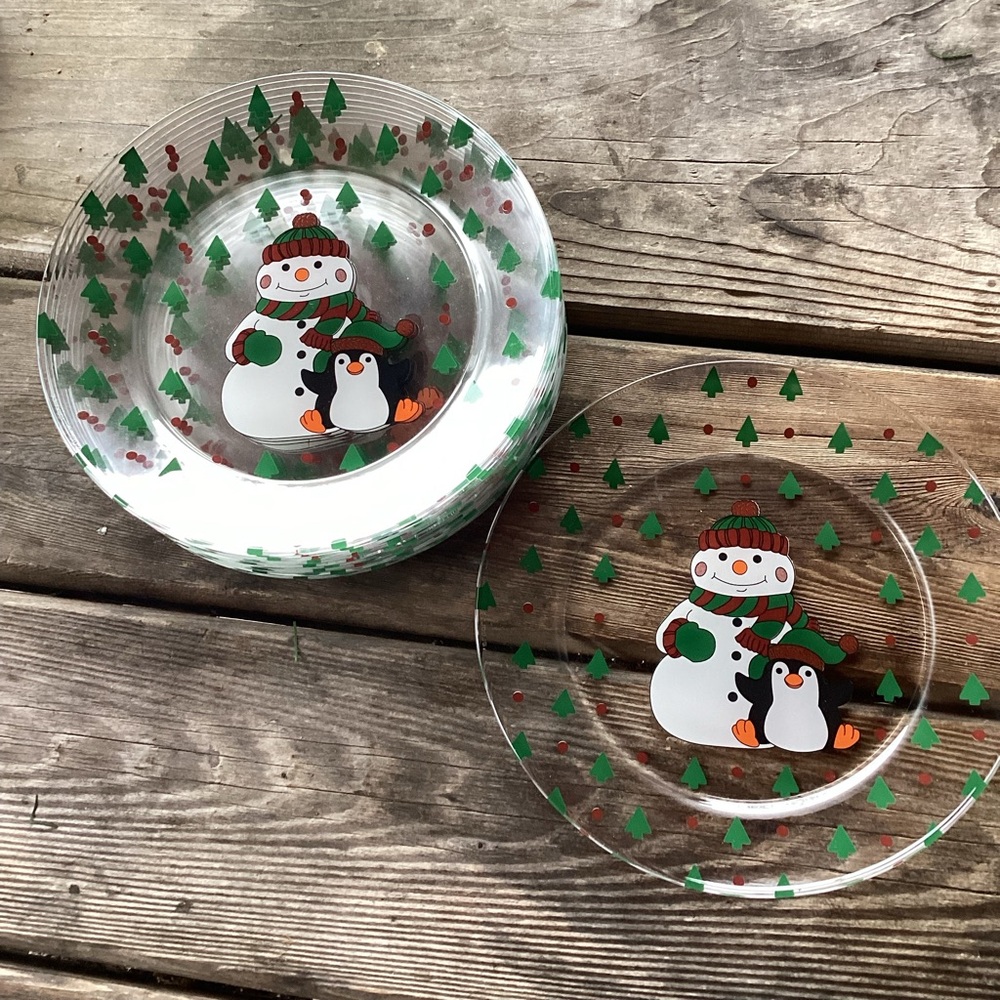 Snowman and Penguin Glass Dessert Plates - set of 10